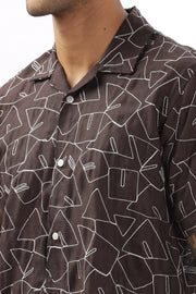 Brown abstract linen embroidered half sleeve shirt