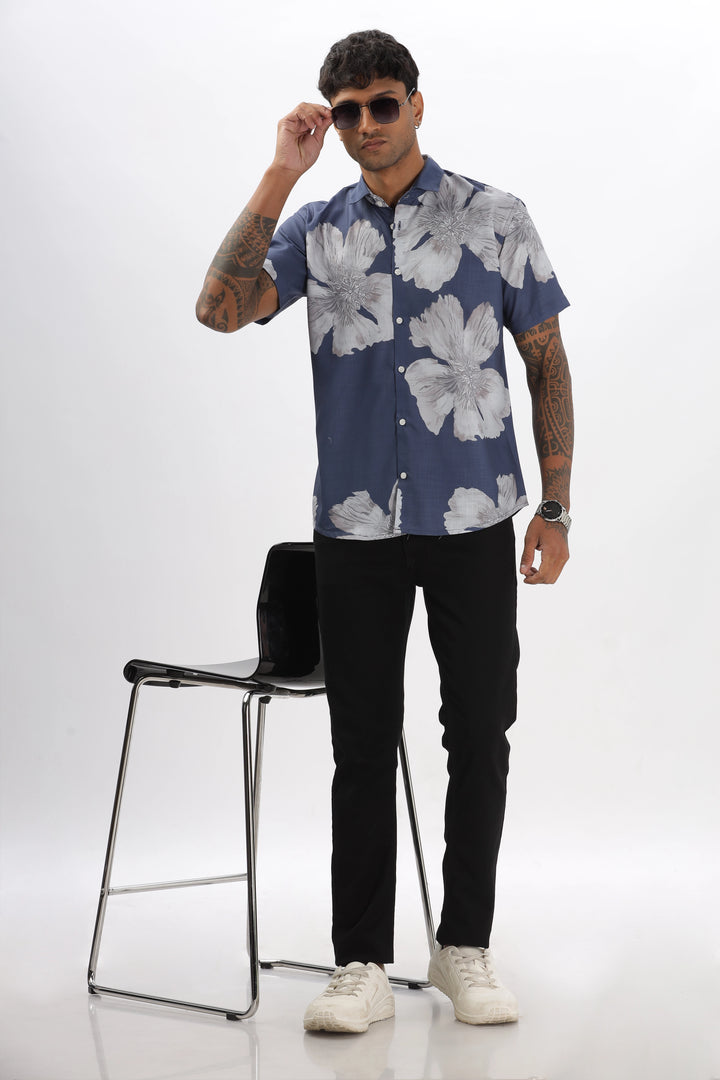 Blue big flower printed shirt