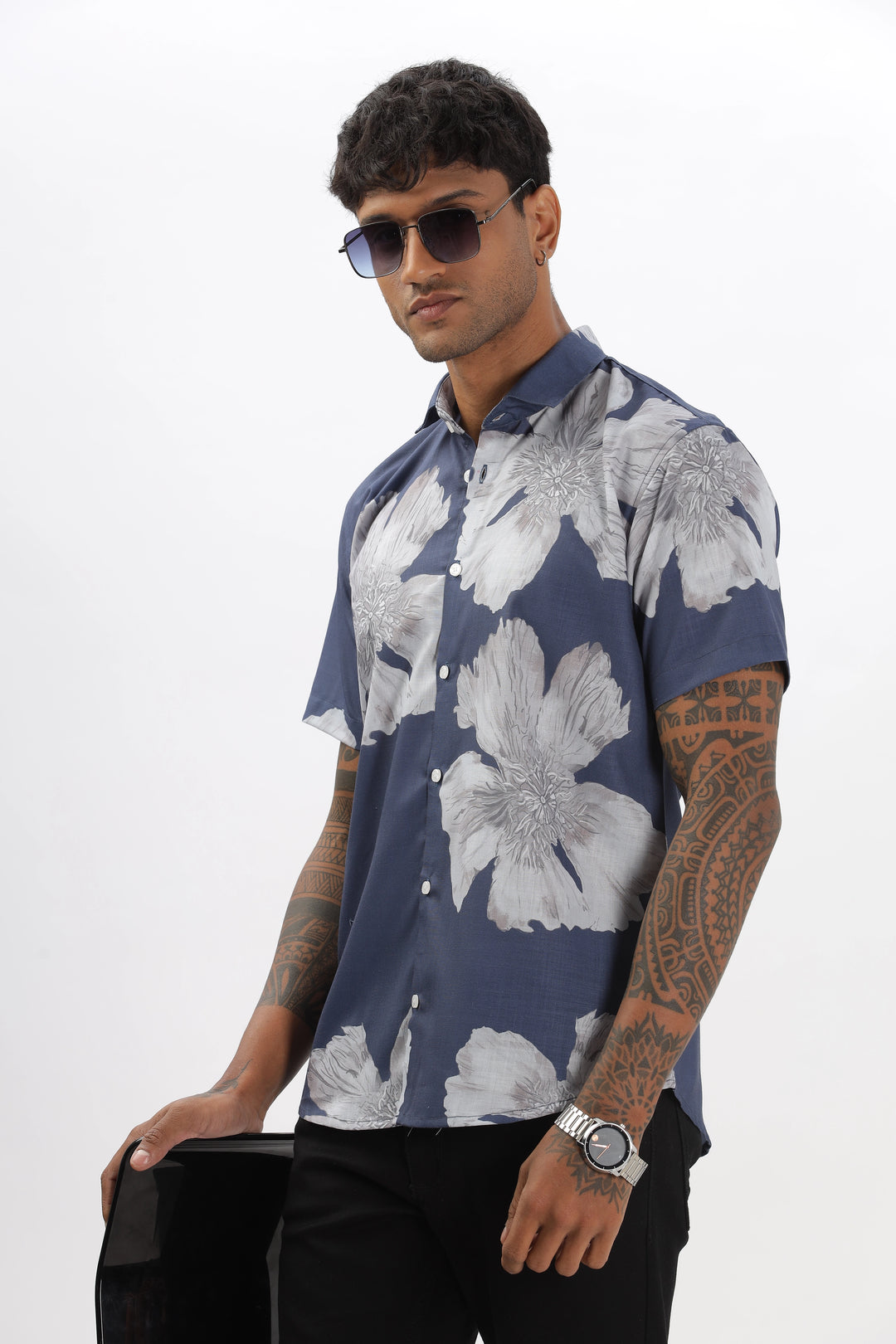 Blue big flower printed shirt