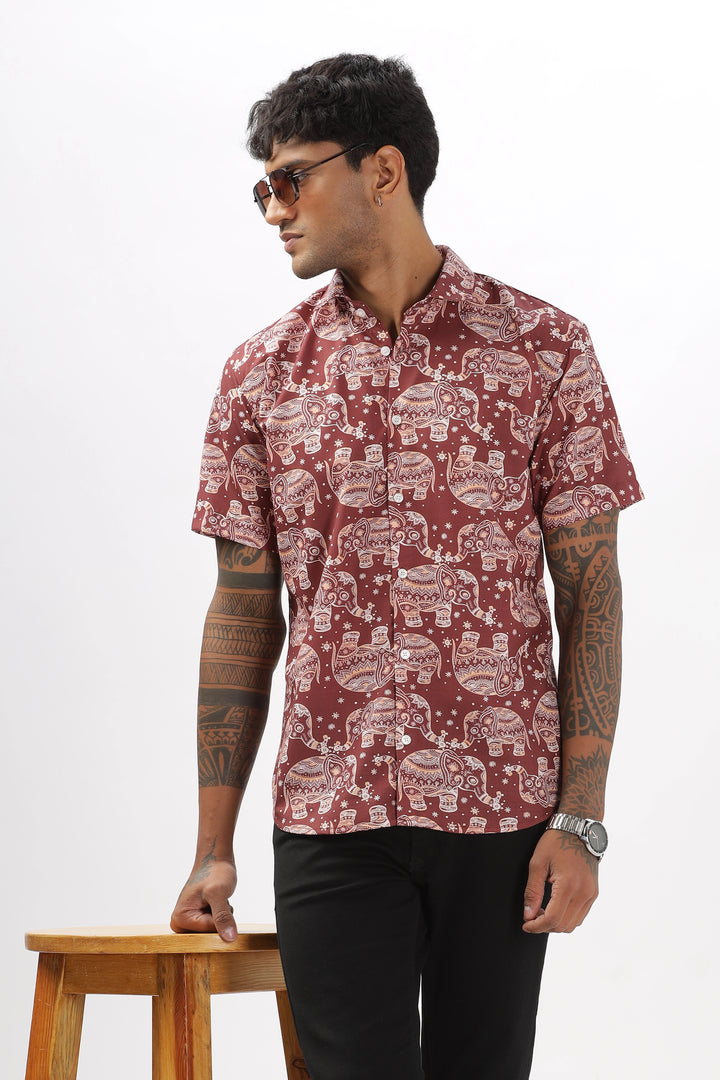 Brown ethnic elephant printed shirt