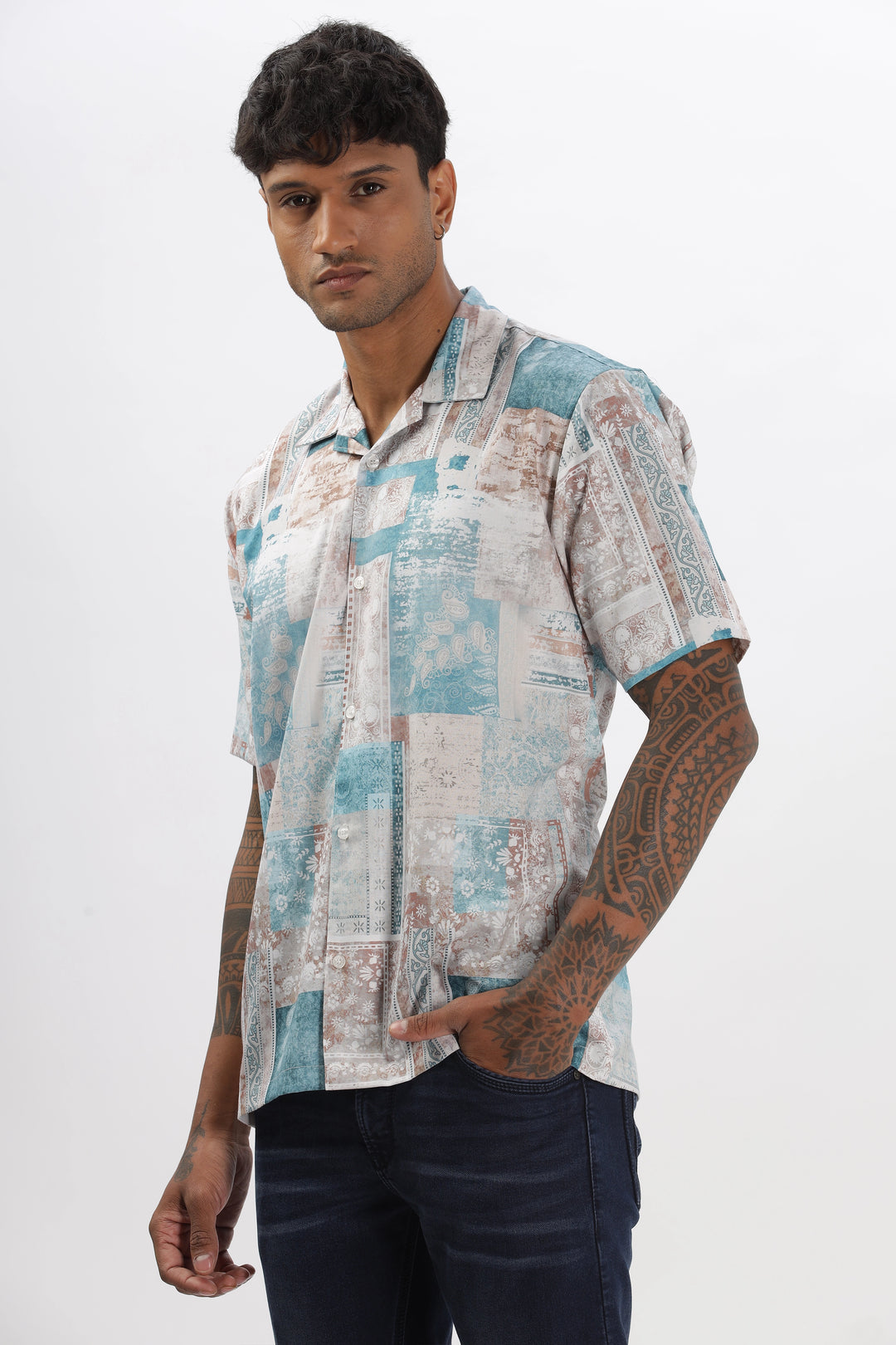 bluish printed shirt