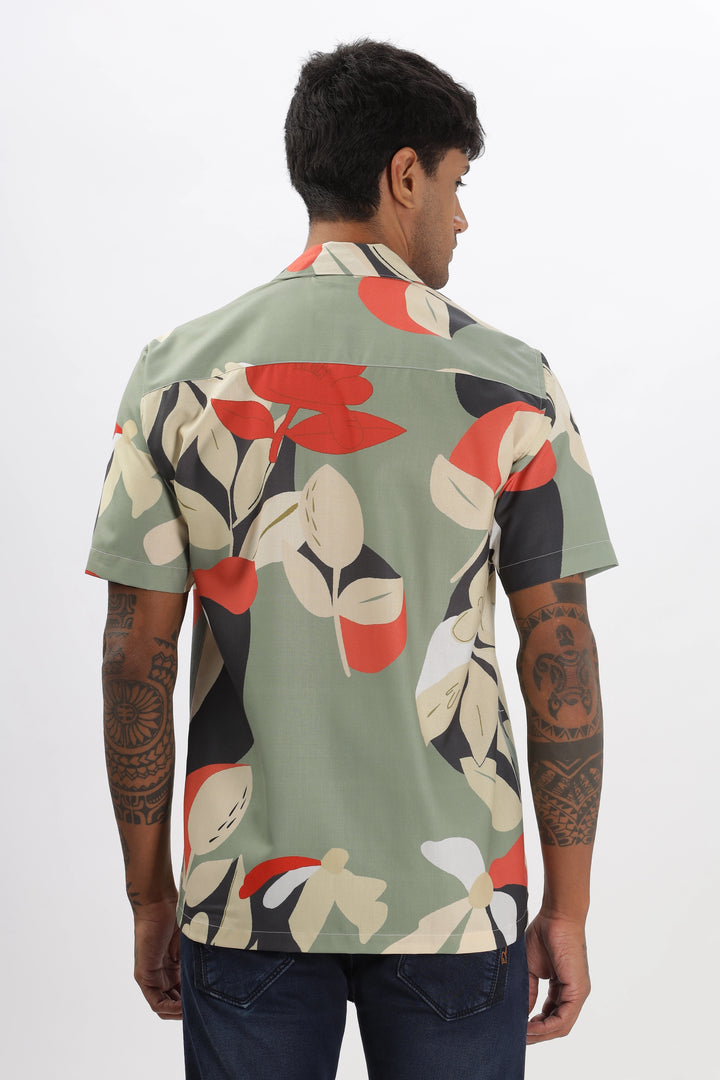 Olive green abstract leaf printed shirt