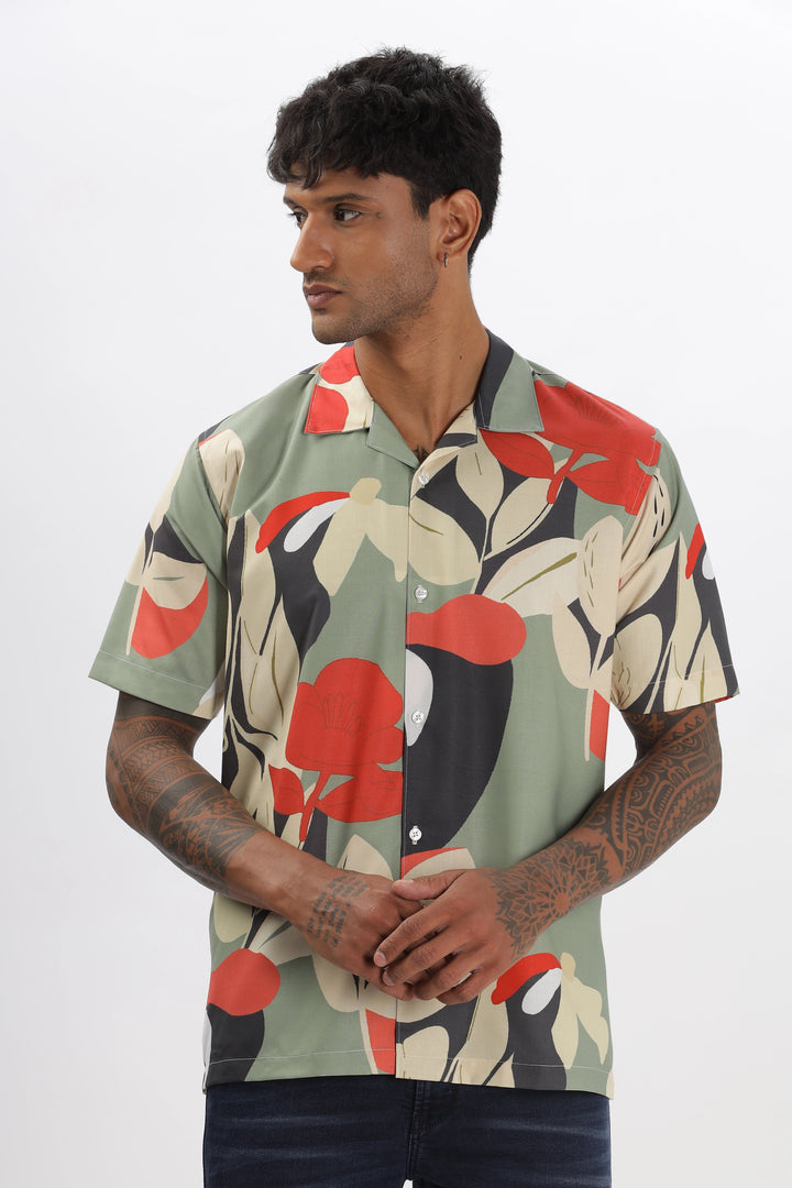 green abstract leaf printed shirt