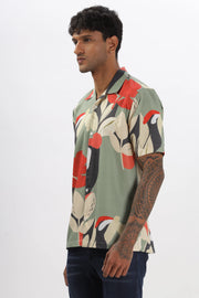 Olive green abstract leaf printed shirt