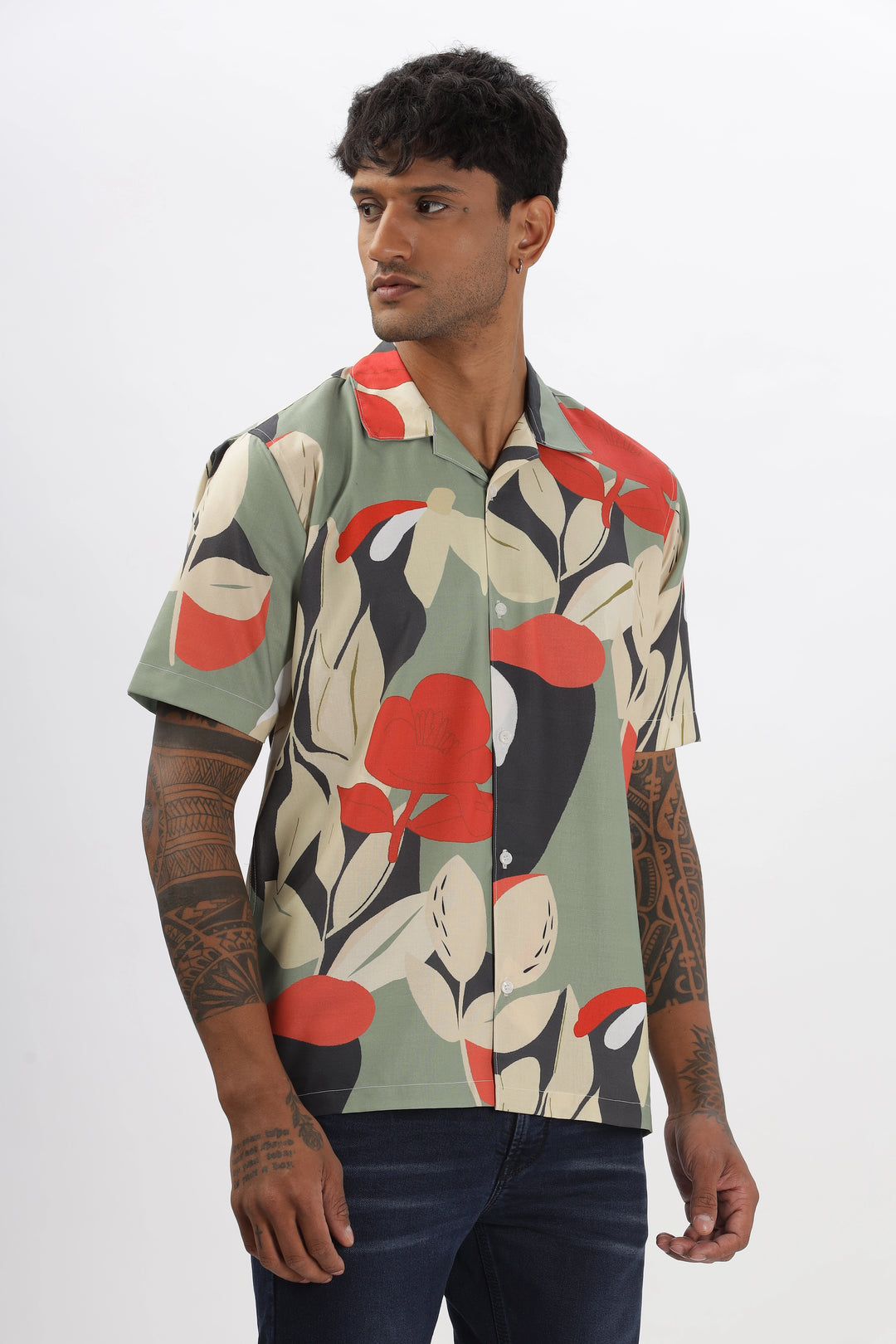 Olive green abstract leaf printed shirt