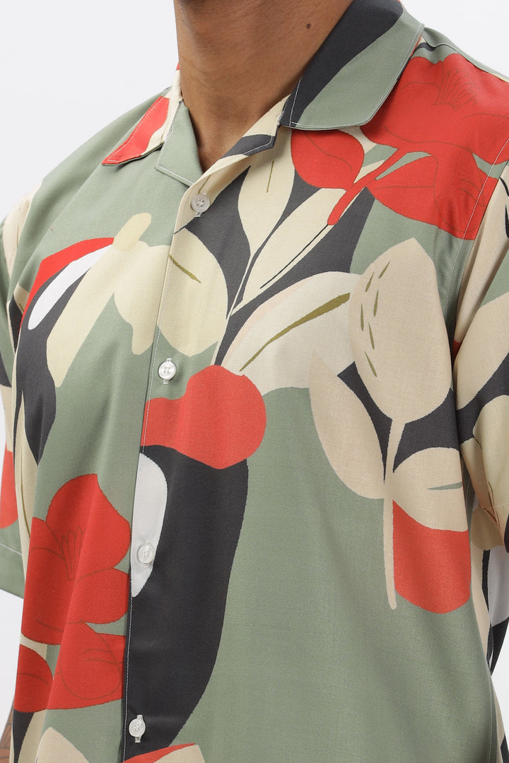 Olive green abstract leaf printed shirt