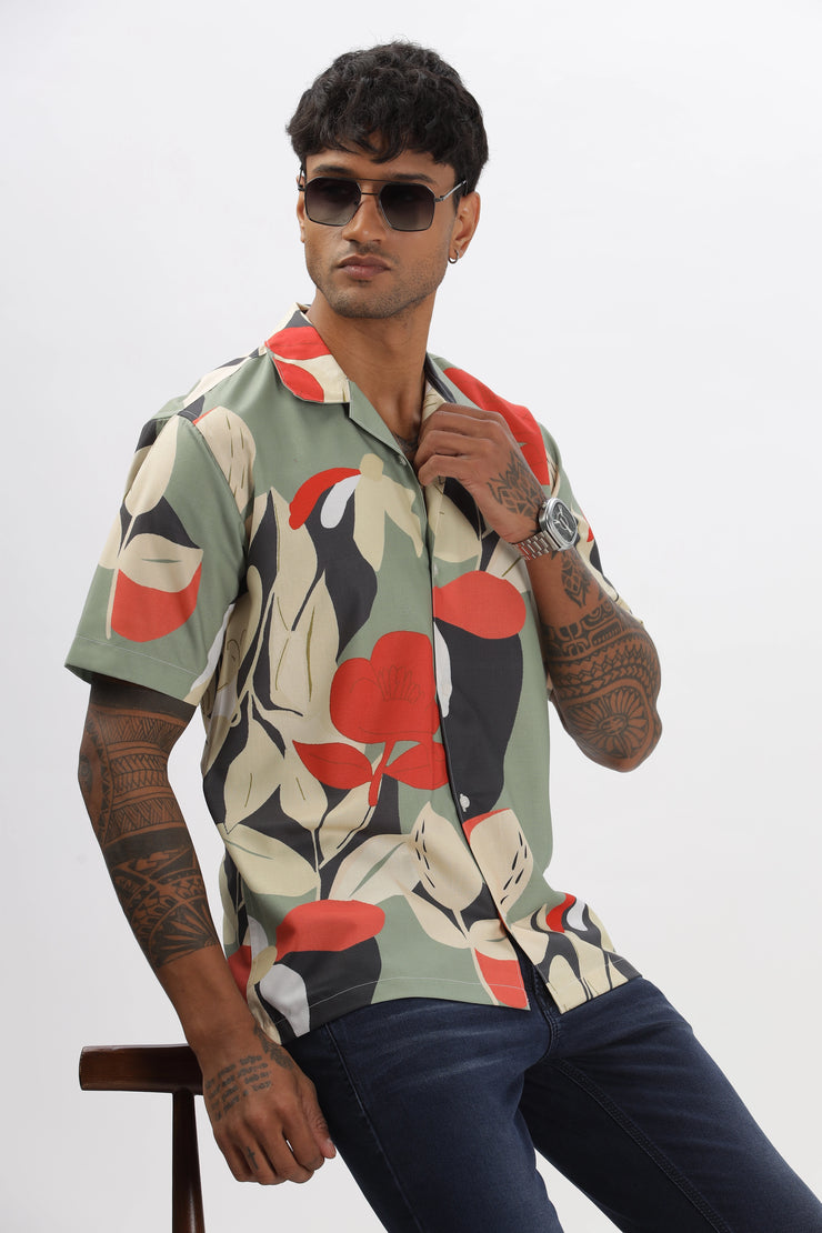 Olive green abstract leaf printed shirt