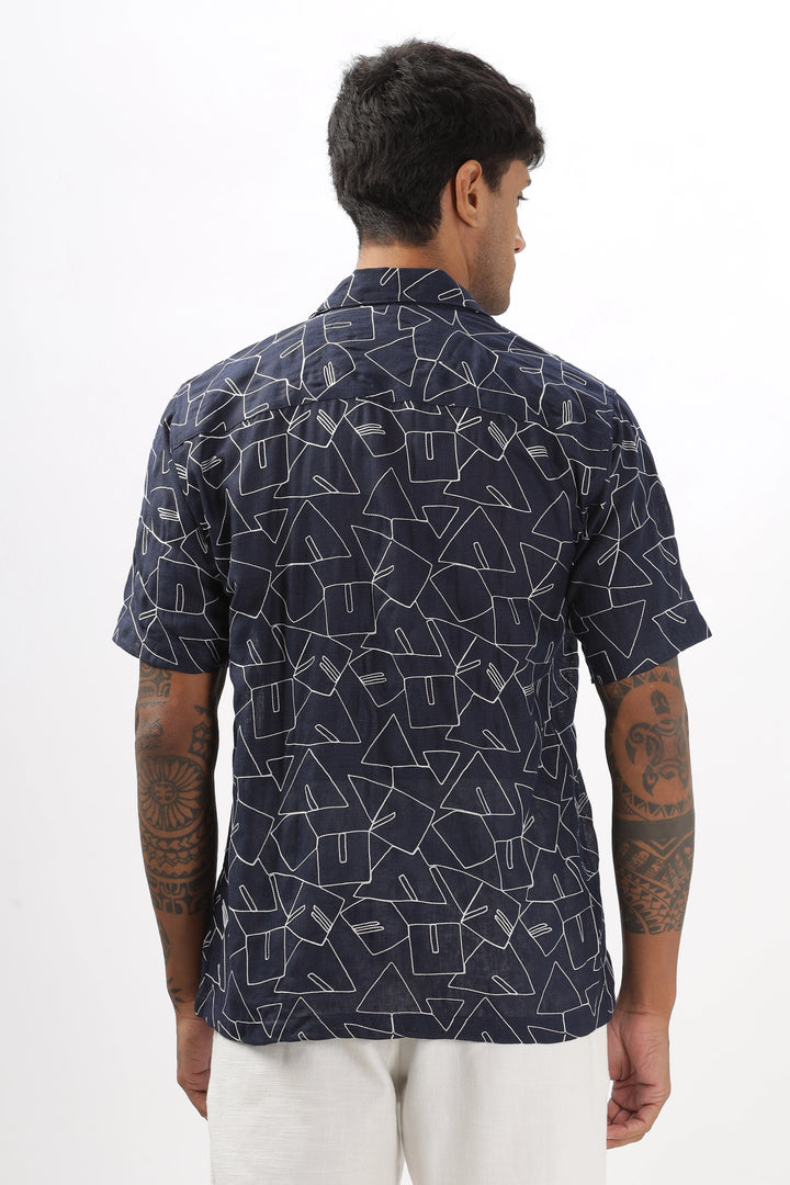 Navy abstract linen embroidered half sleeve shirt