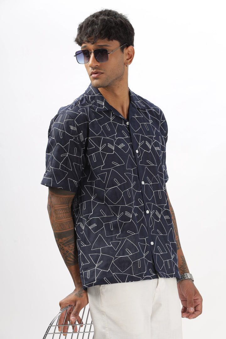 Navy abstract linen embroidered half sleeve shirt