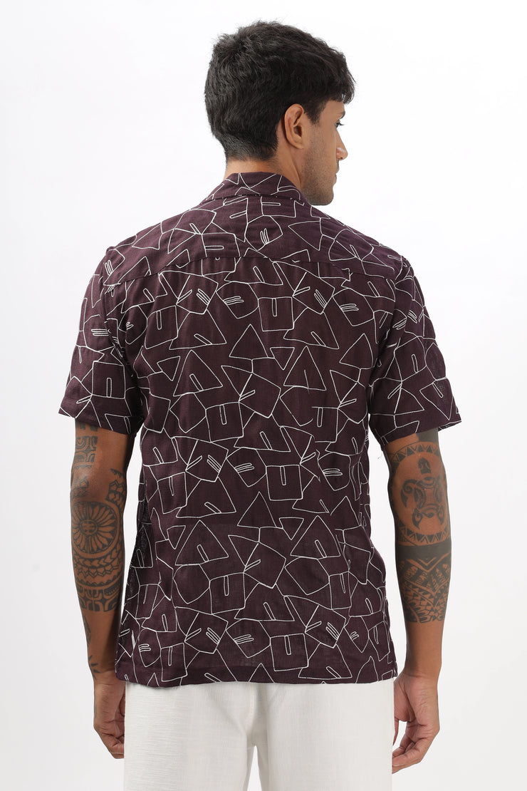 Purple abstract linen embroidered half sleeve shirt