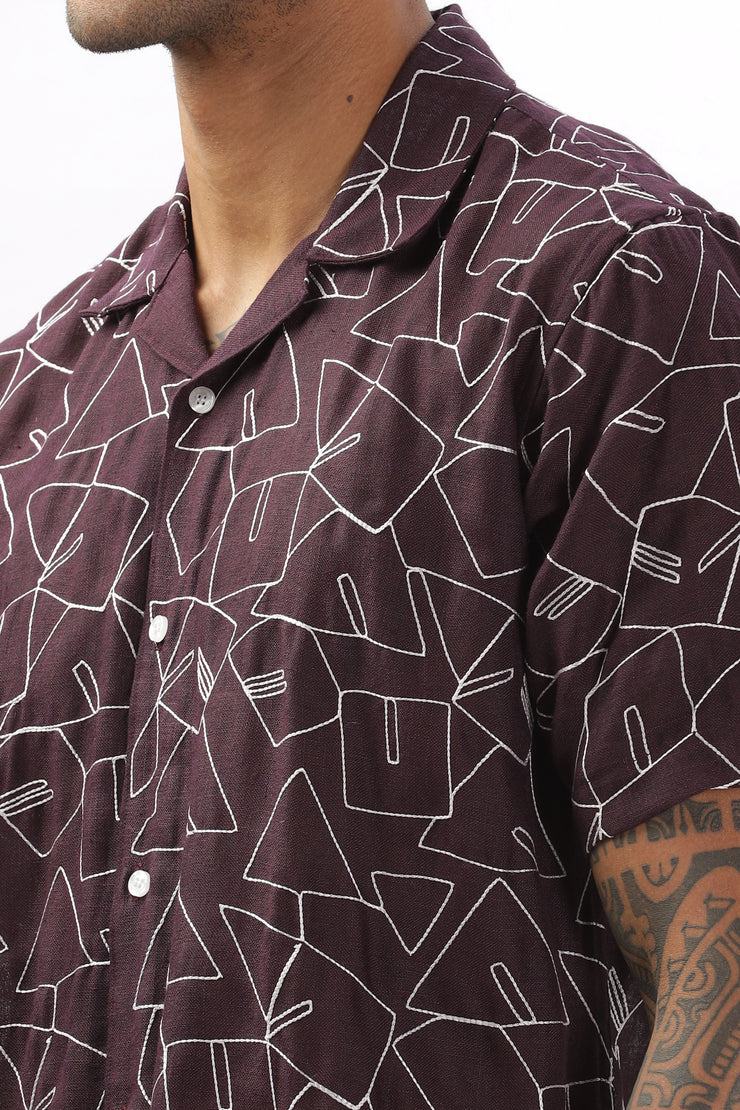 Purple abstract linen embroidered half sleeve shirt