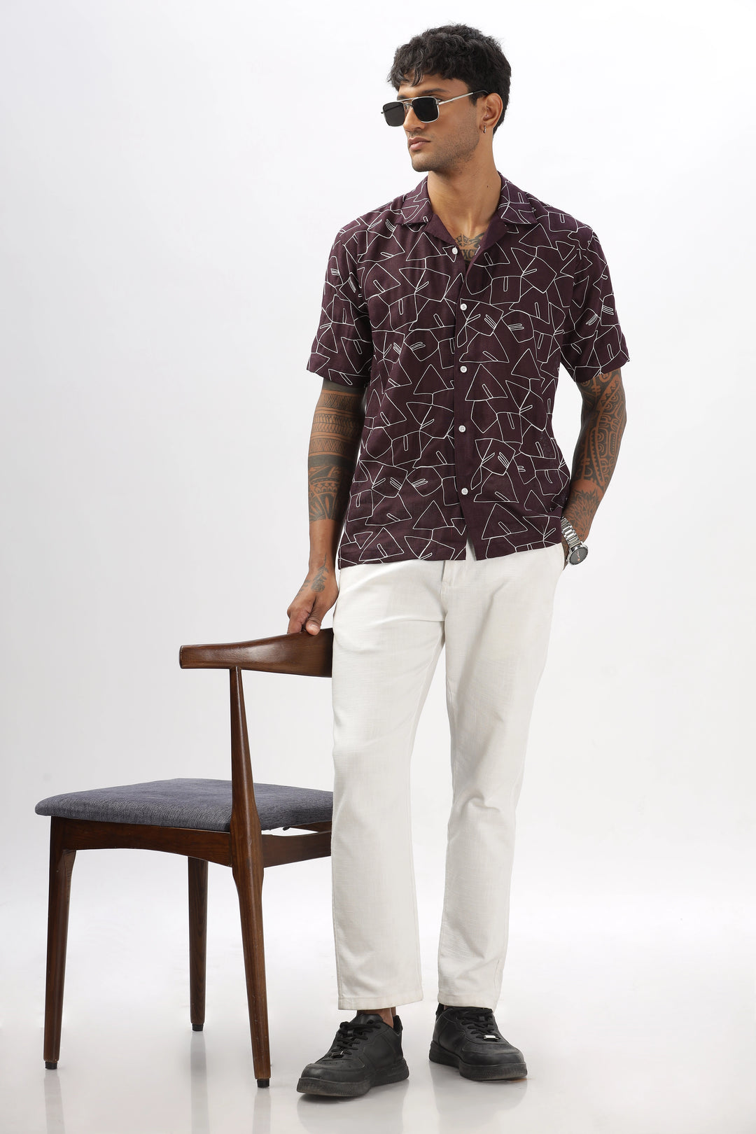 Purple linen embroidered half sleeve shirt