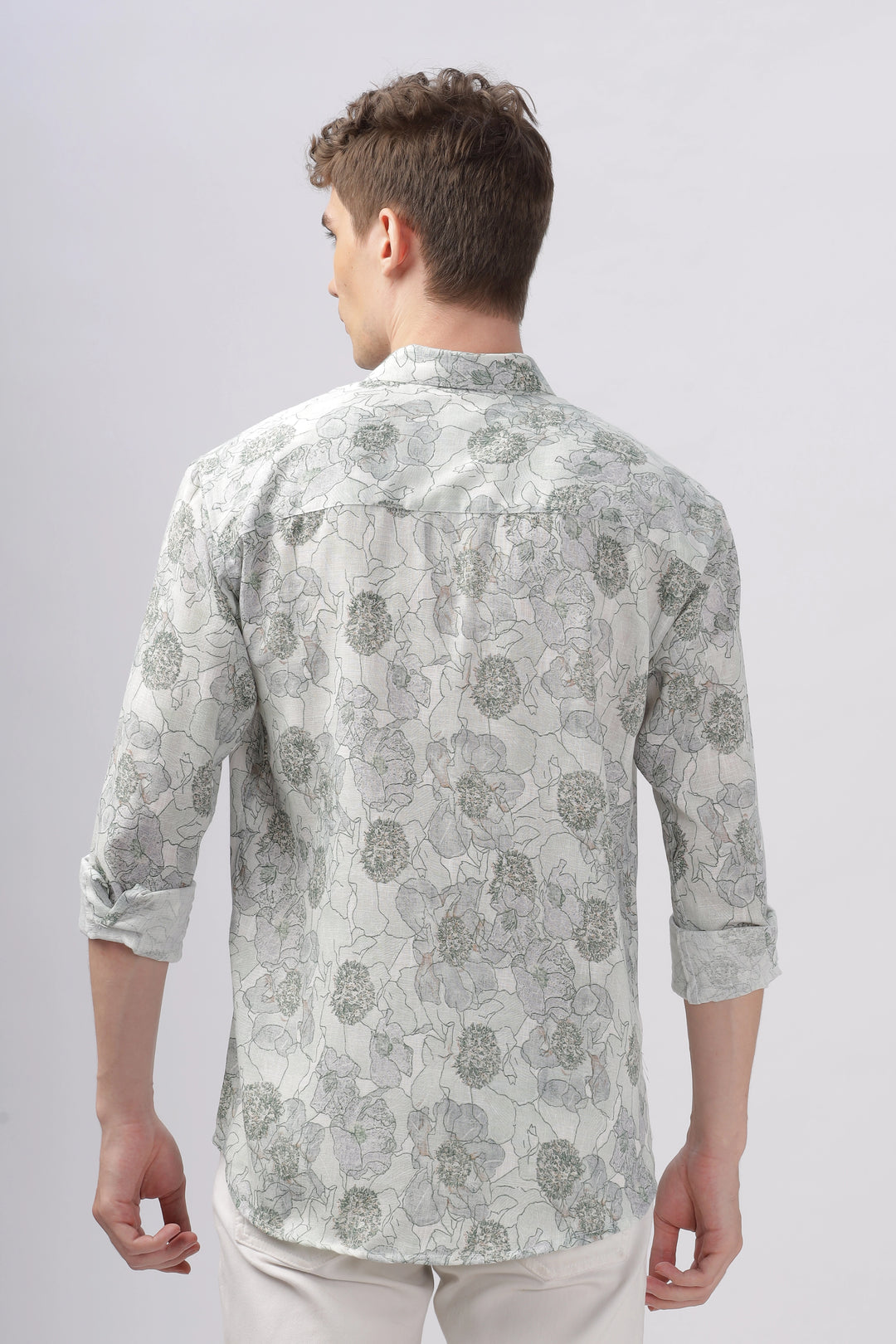 Green flower printed full sleeve linen shirt