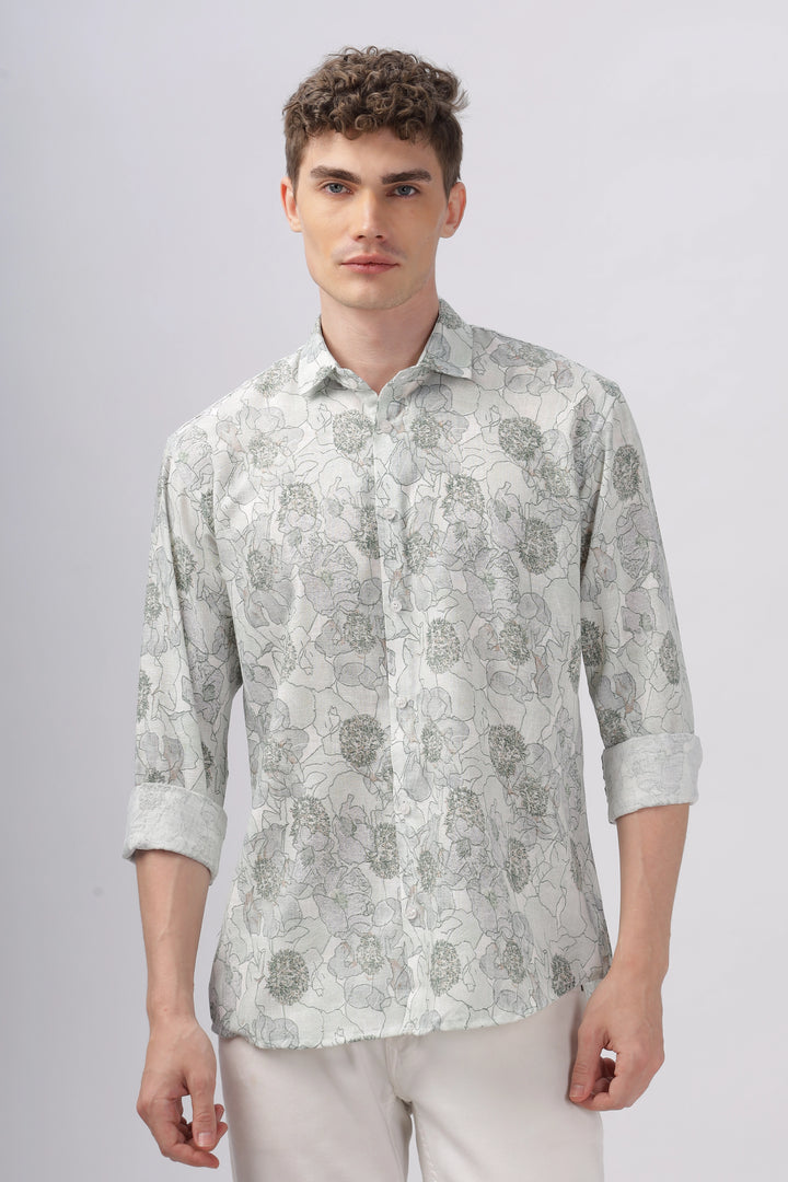 Green flower printed full sleeve linen shirt