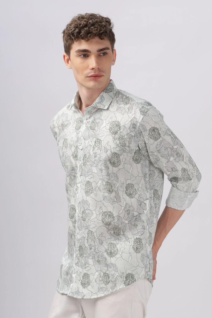 Green flower printed full sleeve linen shirt