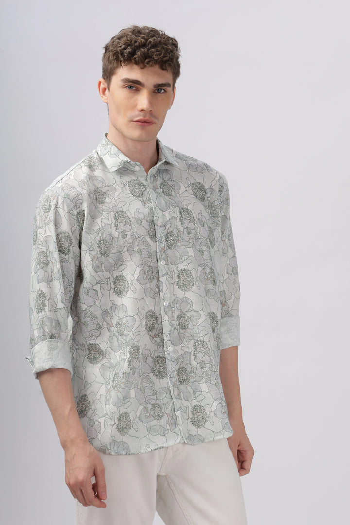 Green flower printed full sleeve linen shirt