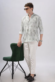 Green flower printed full sleeve linen shirt