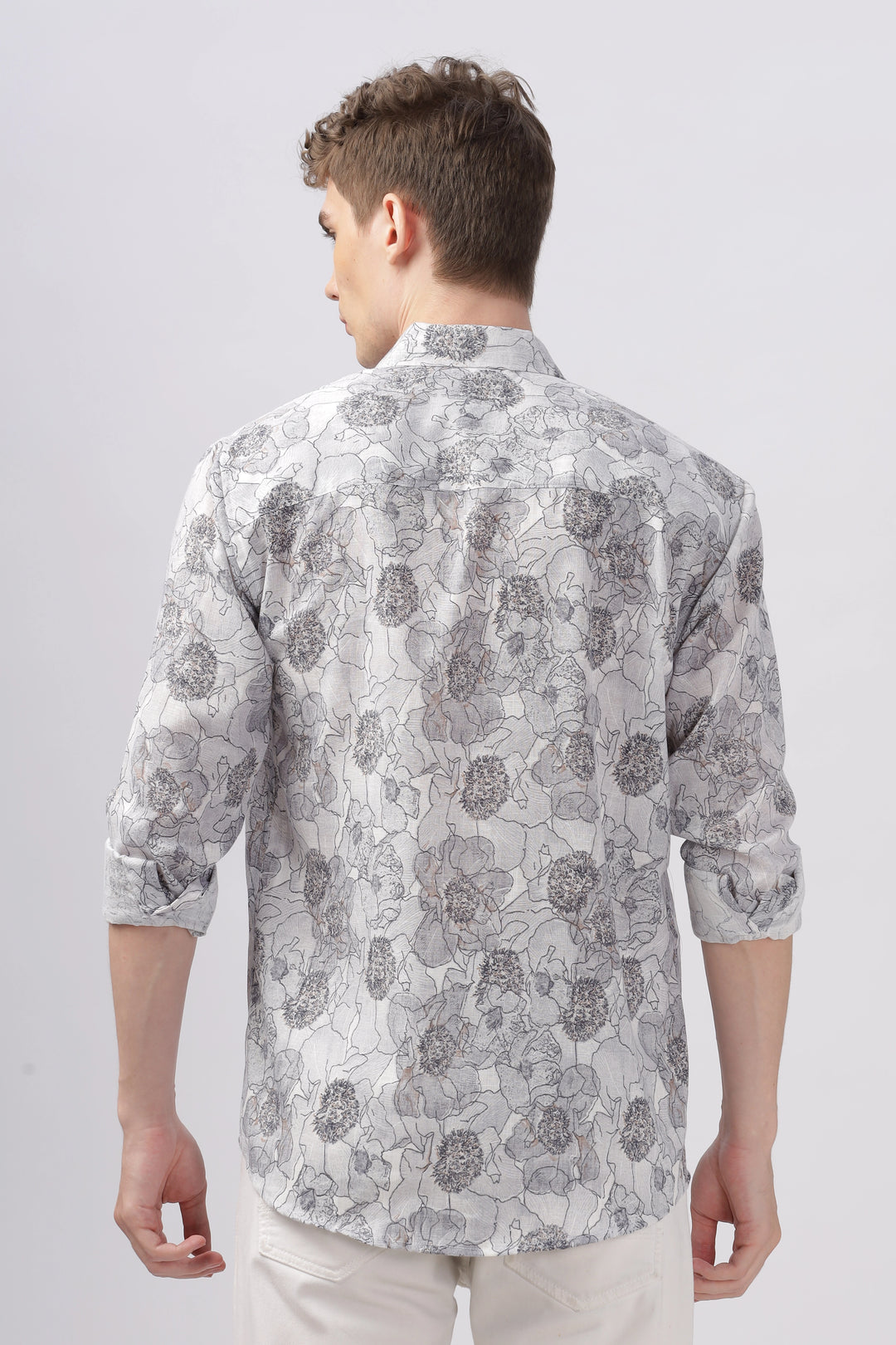 Gray flower printed full sleeve linen shirt