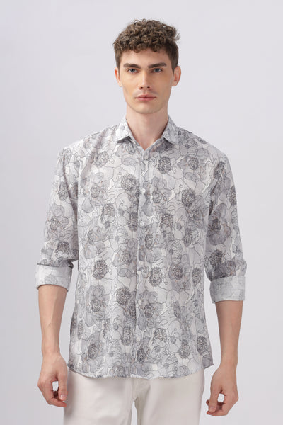 Gray flower printed full sleeve linen shirt
