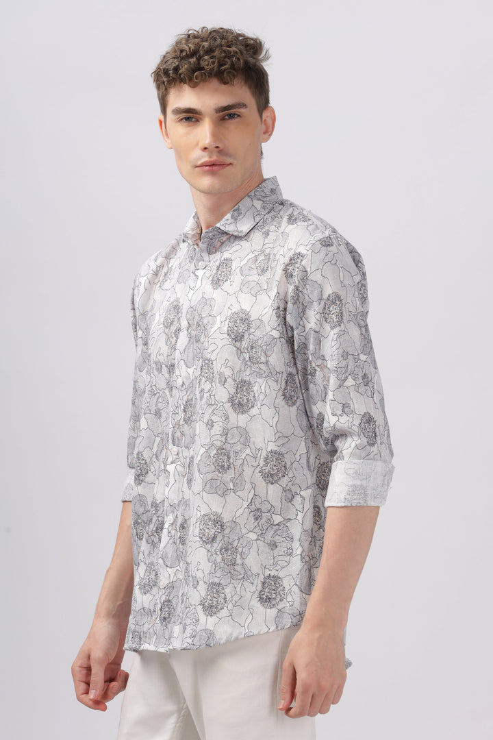 Gray flower printed full sleeve linen shirt