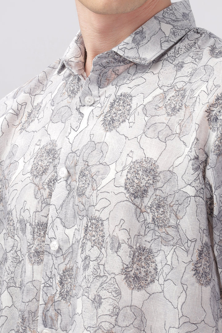 Gray flower printed full sleeve linen shirt