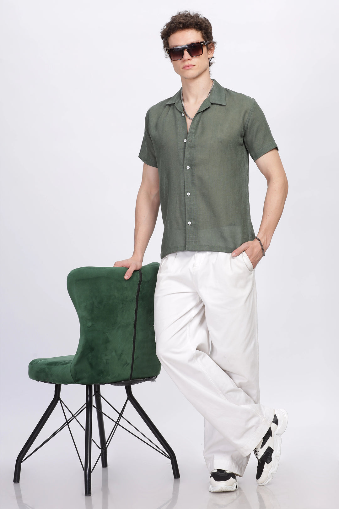 Turtle green half sleeve linen shirt for men