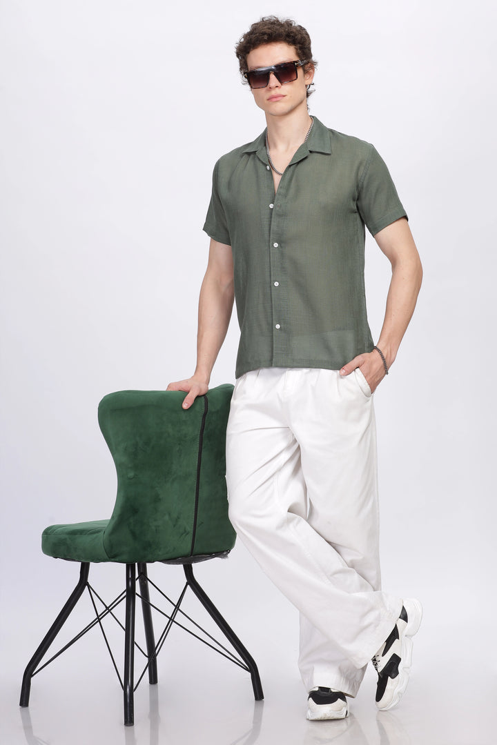 Turtle green half sleeve linen shirt for men