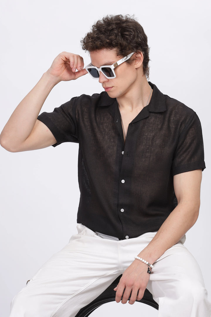 Black half sleeve linen shirt for men