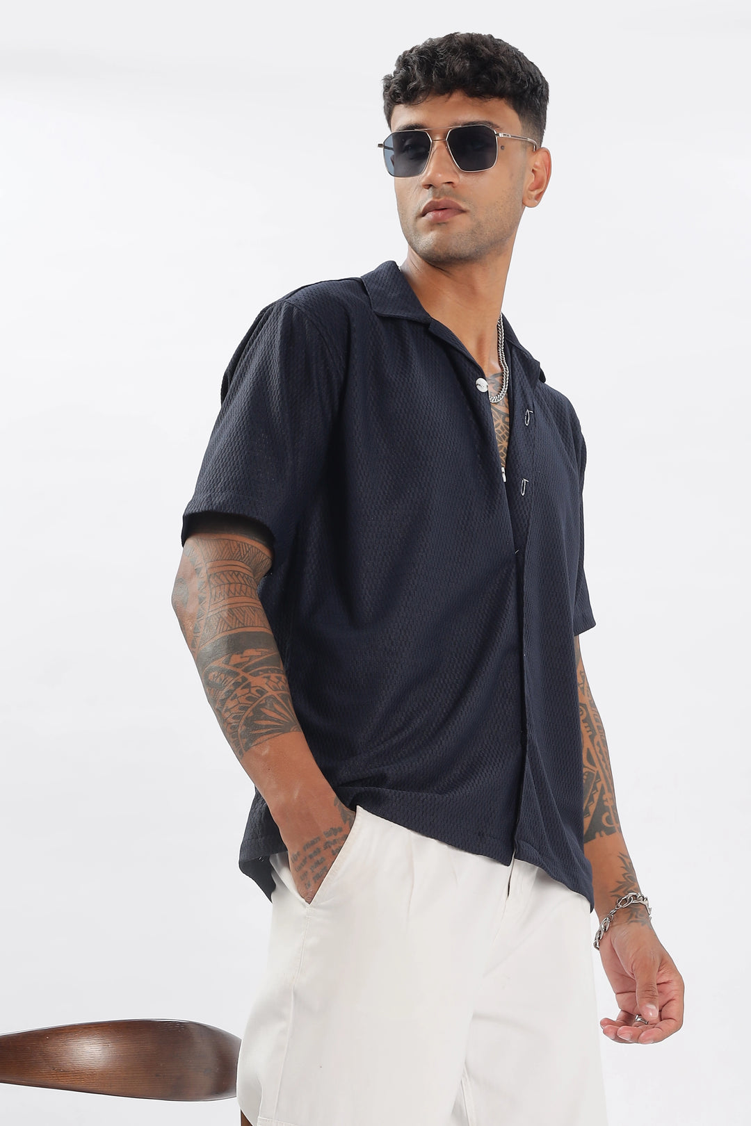 Navy textured half sleeve shirt