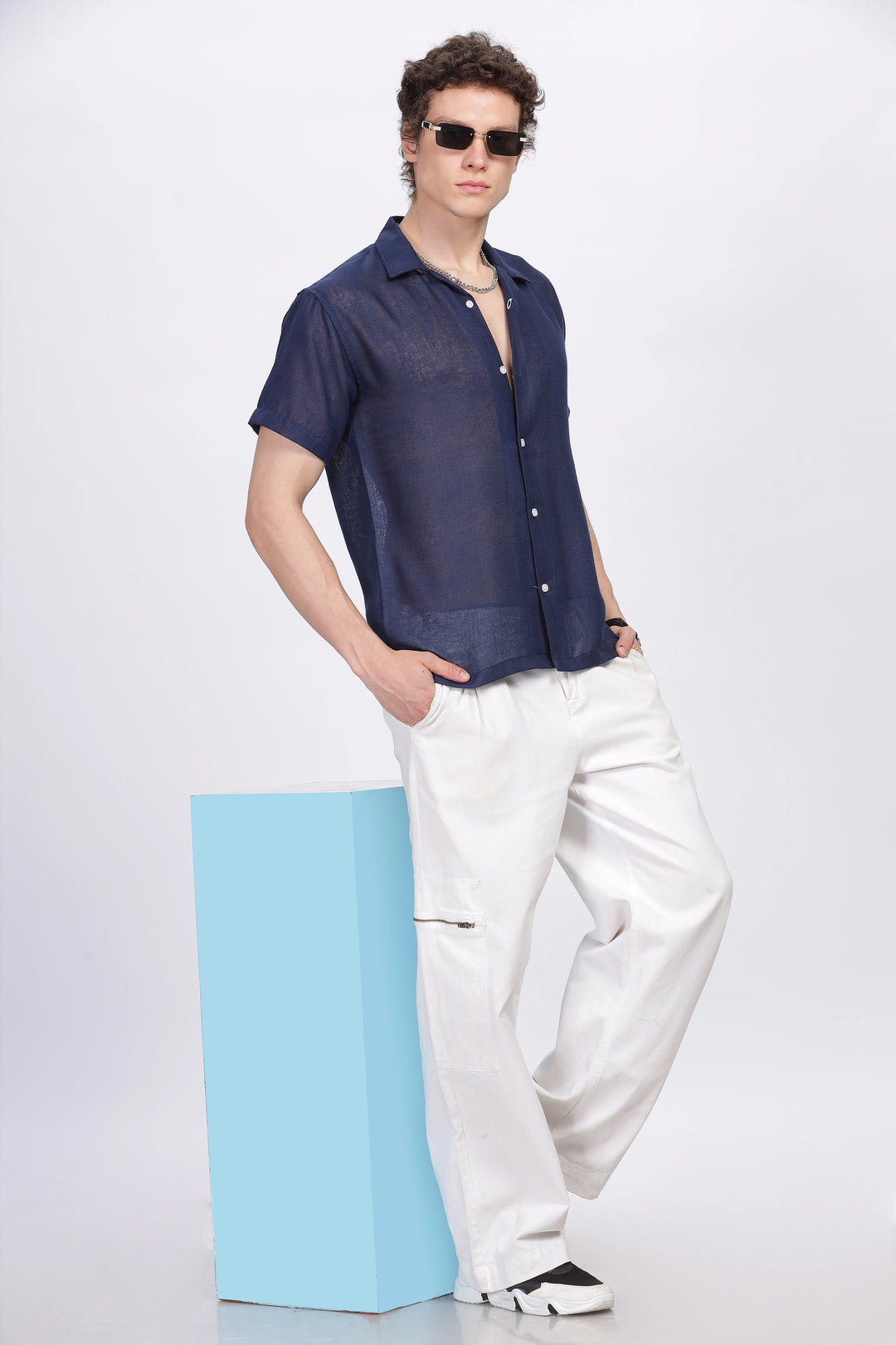 Navy half sleeve linen shirt for men