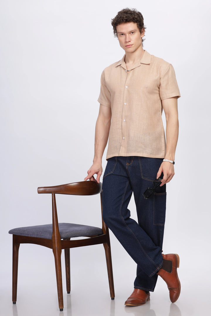 Biege half sleeve linen shirt for men