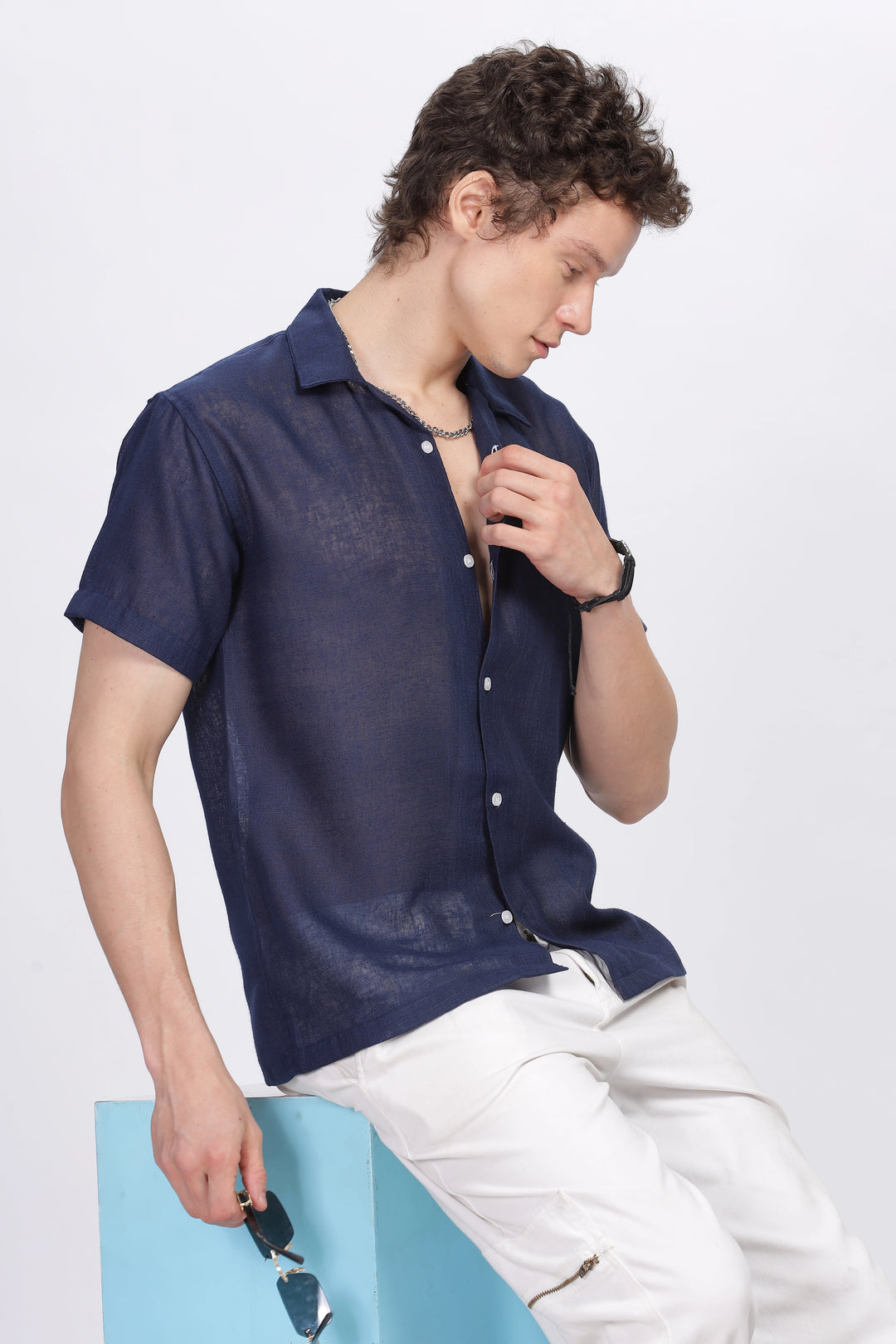 Navy half sleeve linen shirt for men