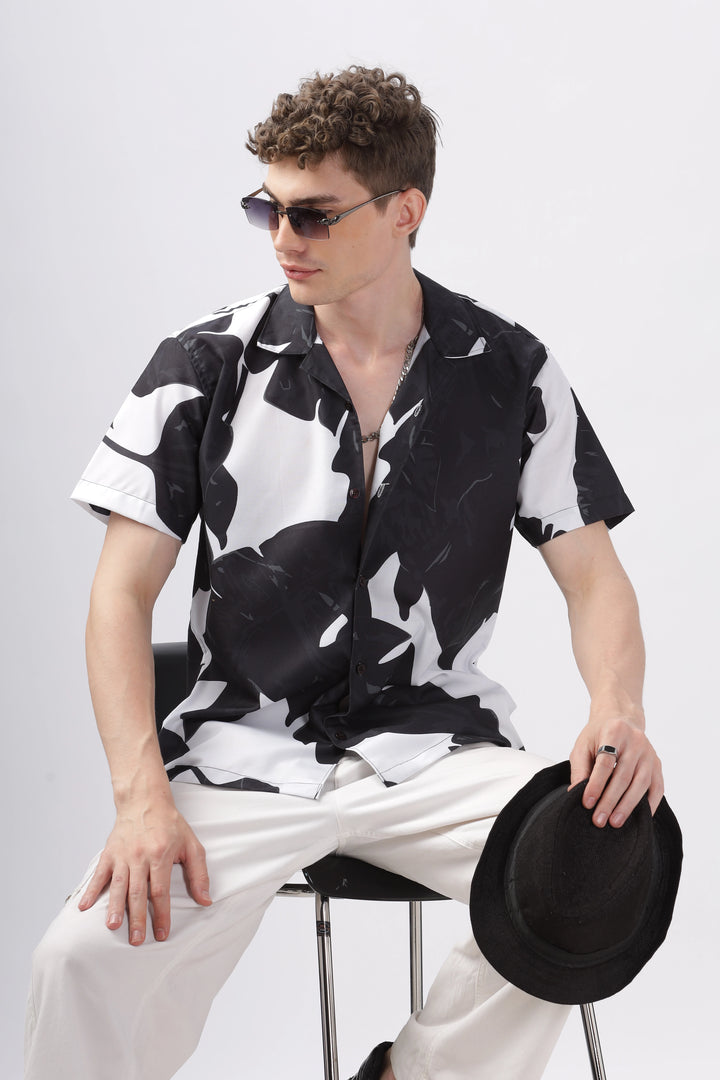 Black leaf printed camp collar shirt for men