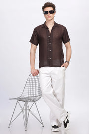 Brown half sleeve linen shirt for men