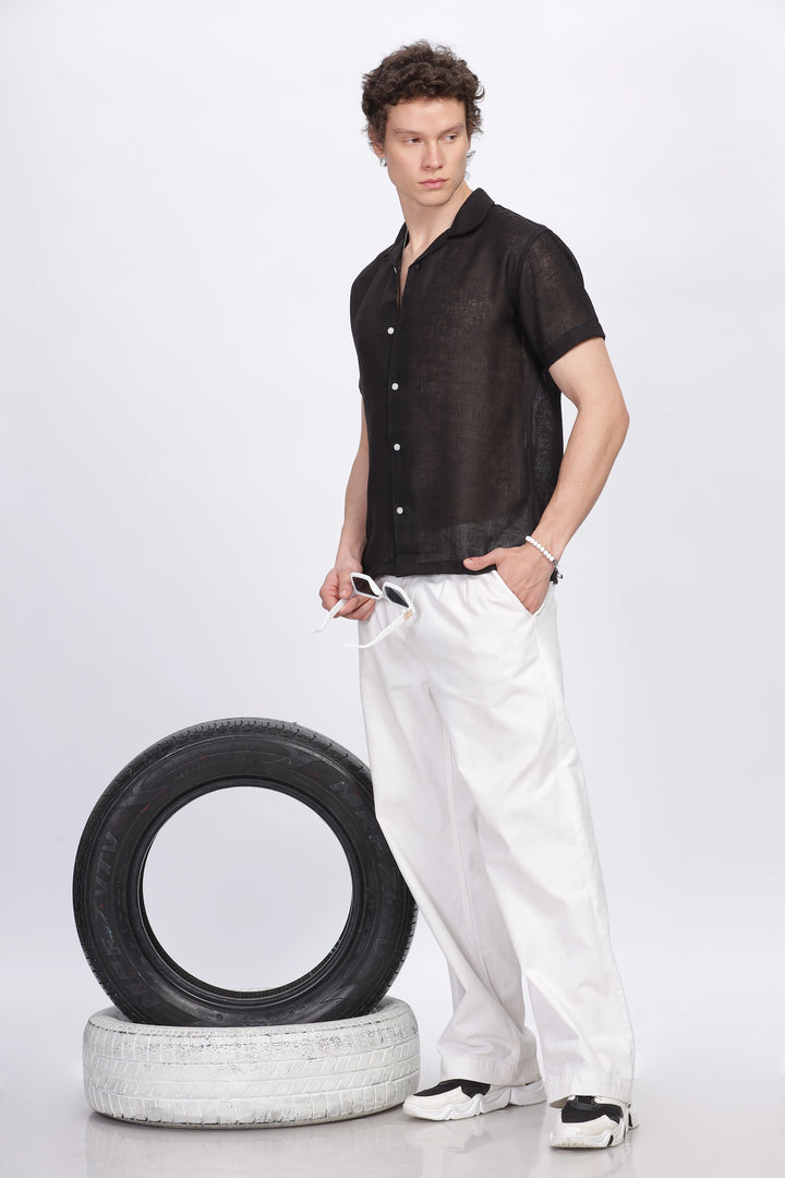 Black half sleeve linen shirt for men