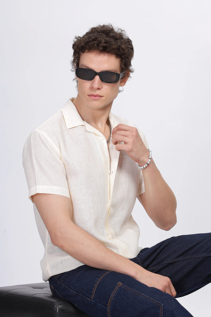 Cream half sleeve linen shirt for men