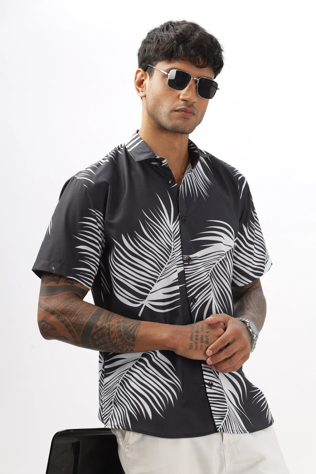 Black palm leaves printed shirt