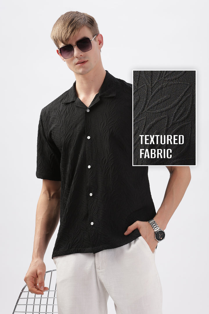 Black jacquard leaf embossed half sleeve shirt