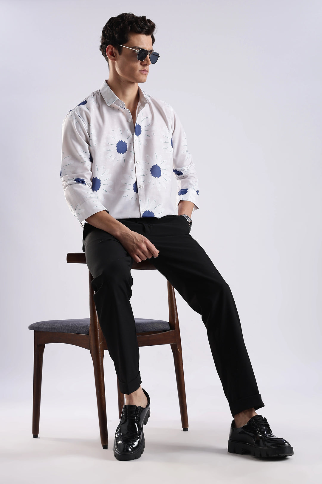 White sunflower printed full sleeve shirt