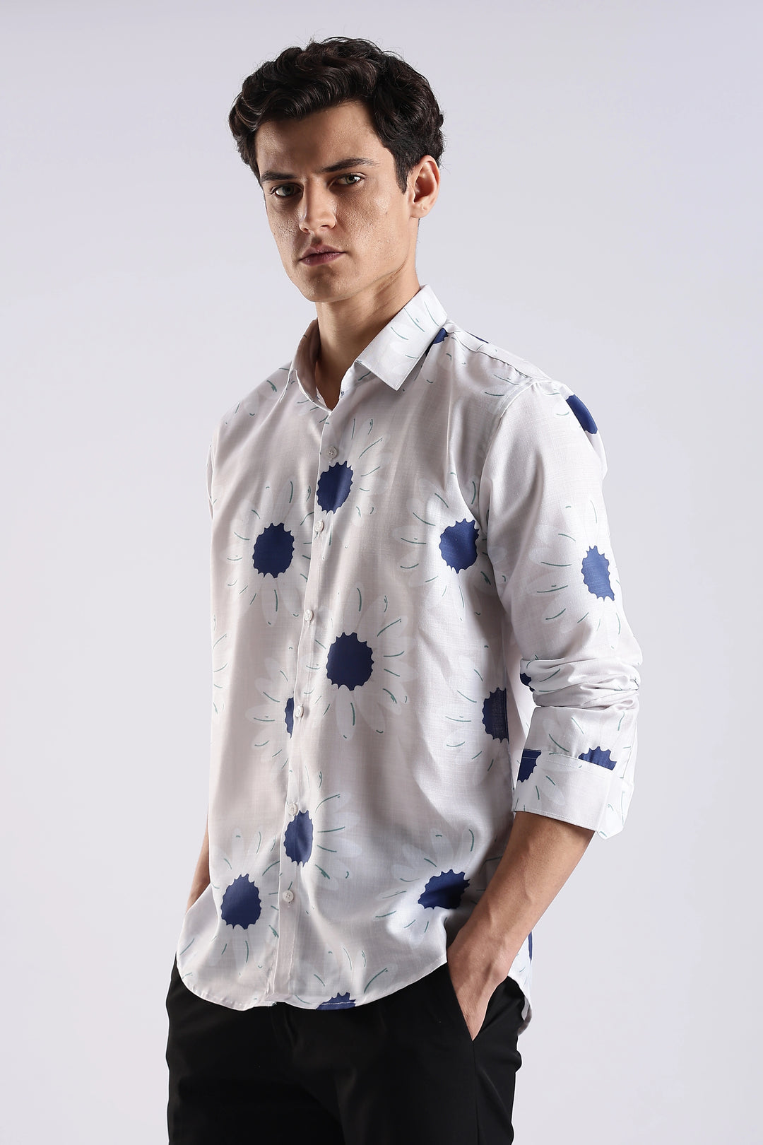 White sunflower printed full sleeve shirt