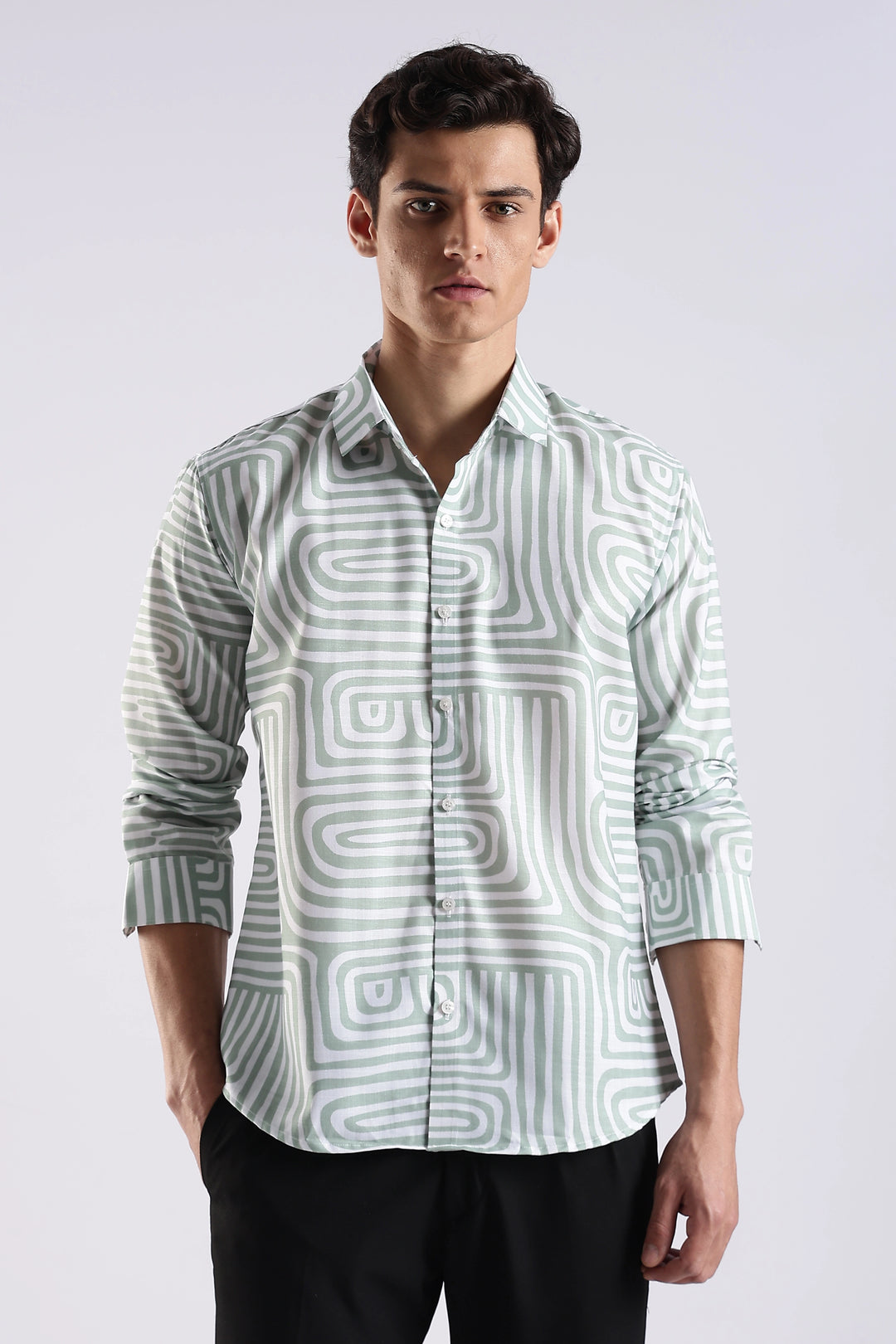 Green abstract printed full sleeve shirt