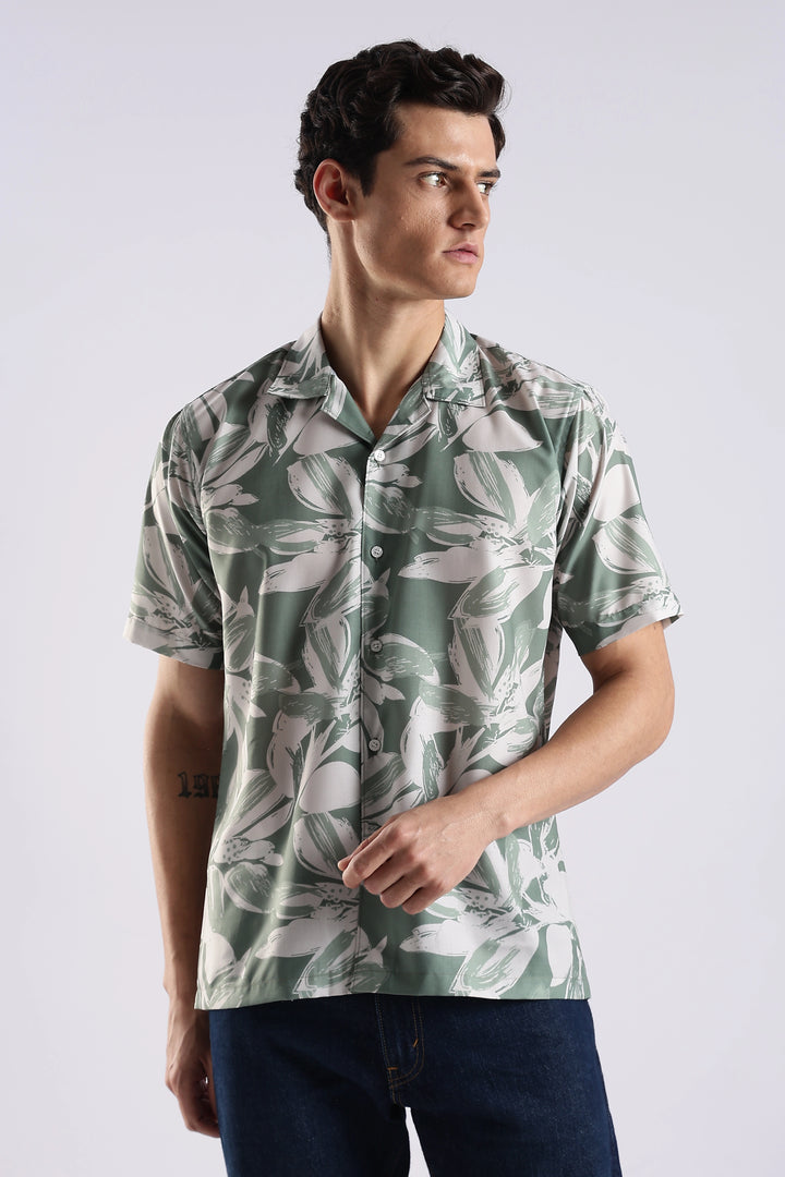 Green leaf printed half sleeve shirt