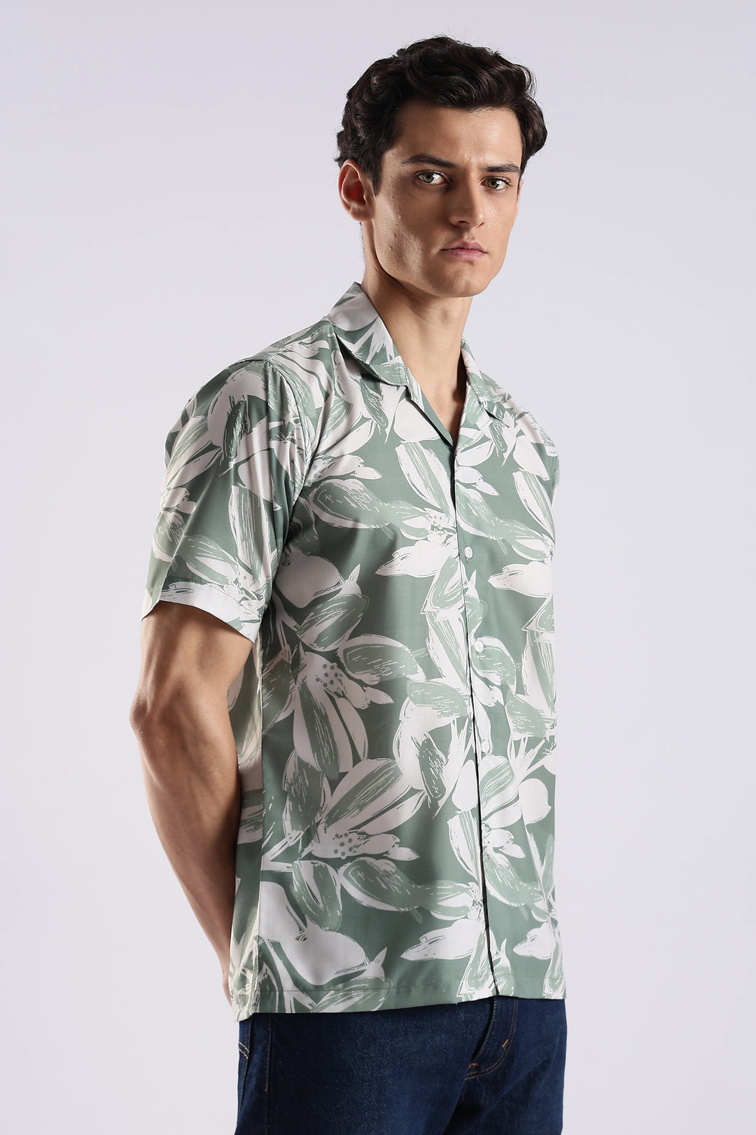 Green leaf printed half sleeve shirt