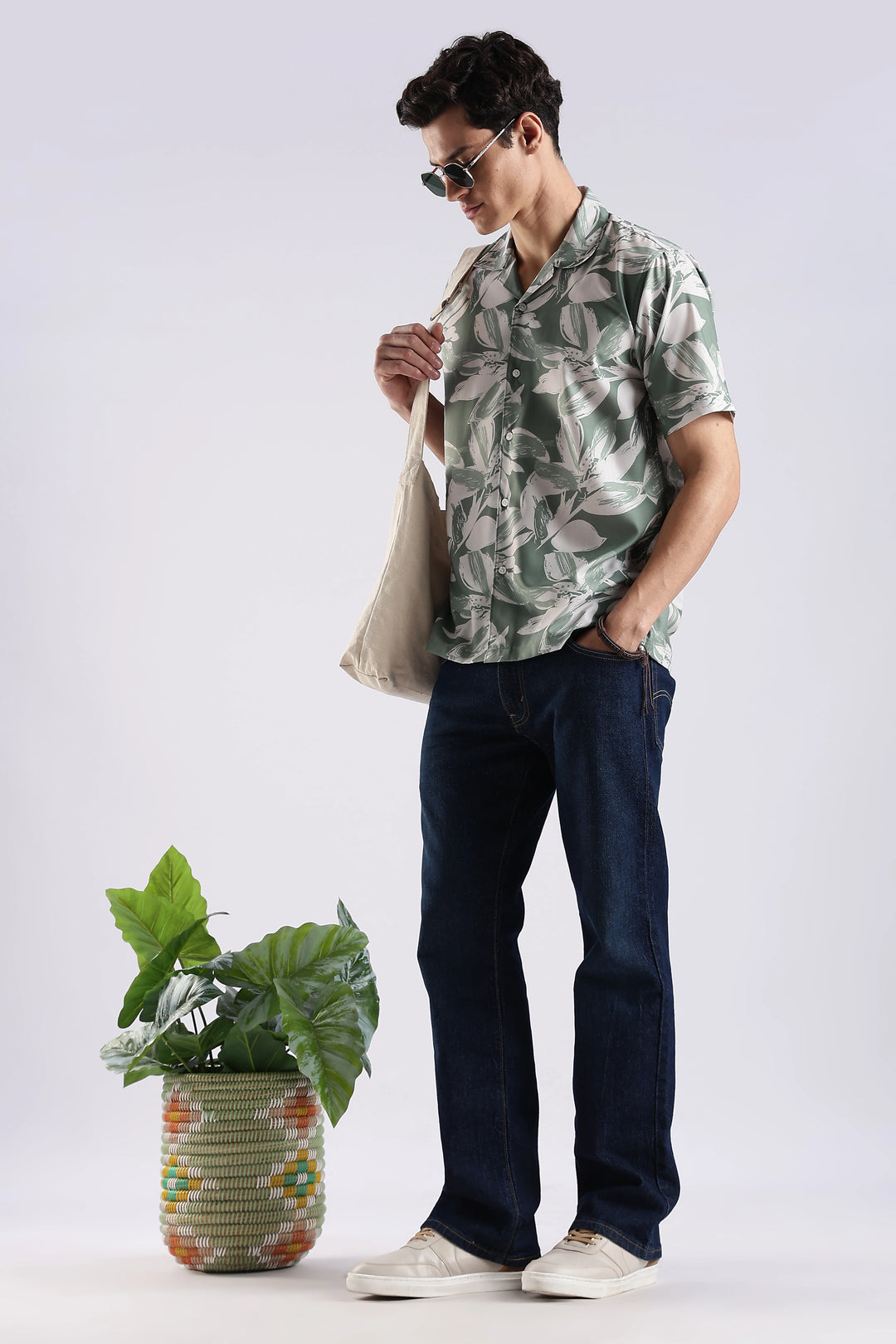 Green leaf printed half sleeve shirt