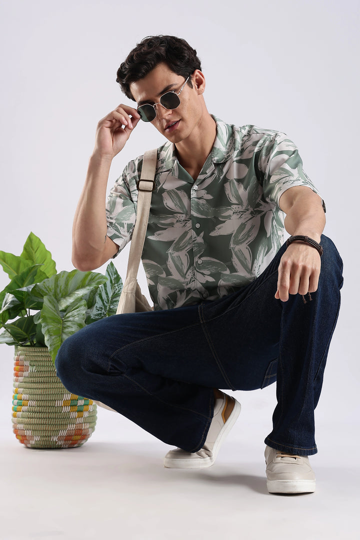 Green leaf printed half sleeve shirt