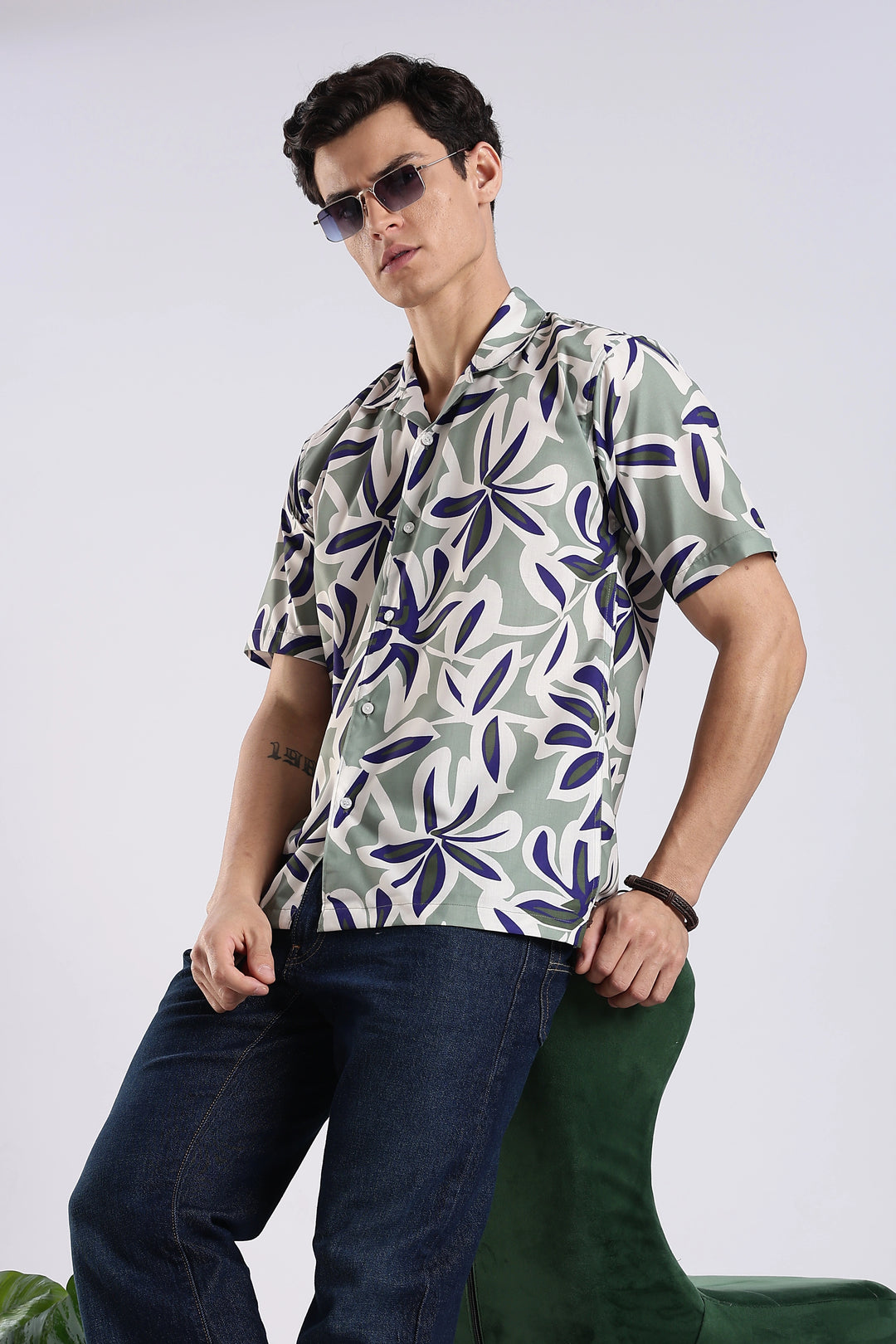 Green leaves printed half sleeve shirt