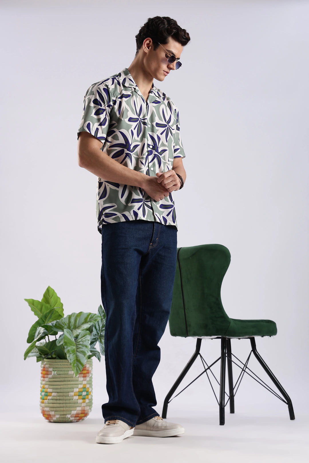 Green leaves printed half sleeve shirt