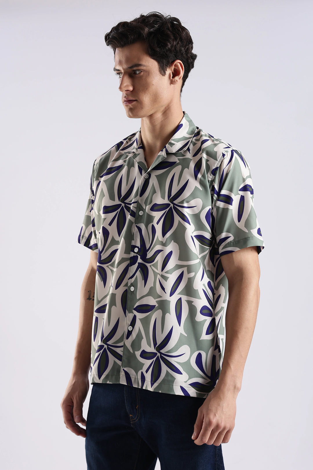 Green leaves printed half sleeve shirt