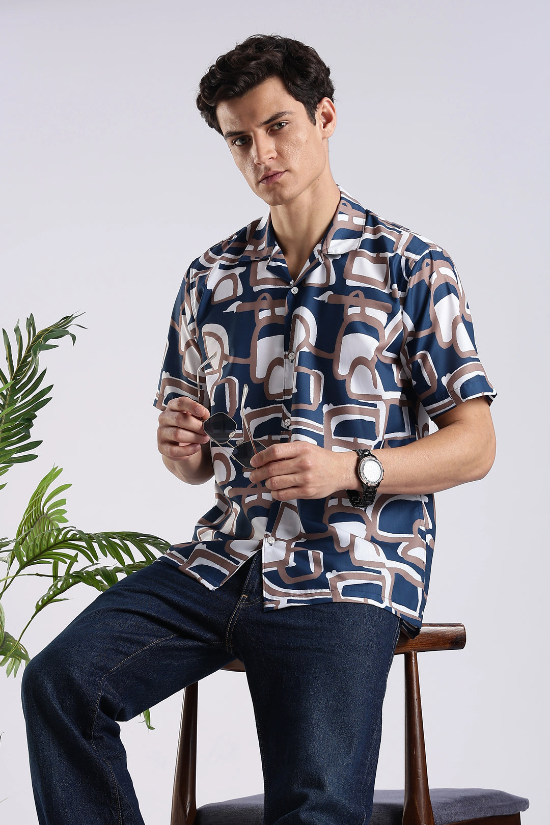 Navy Geometric printed half sleeve shirt