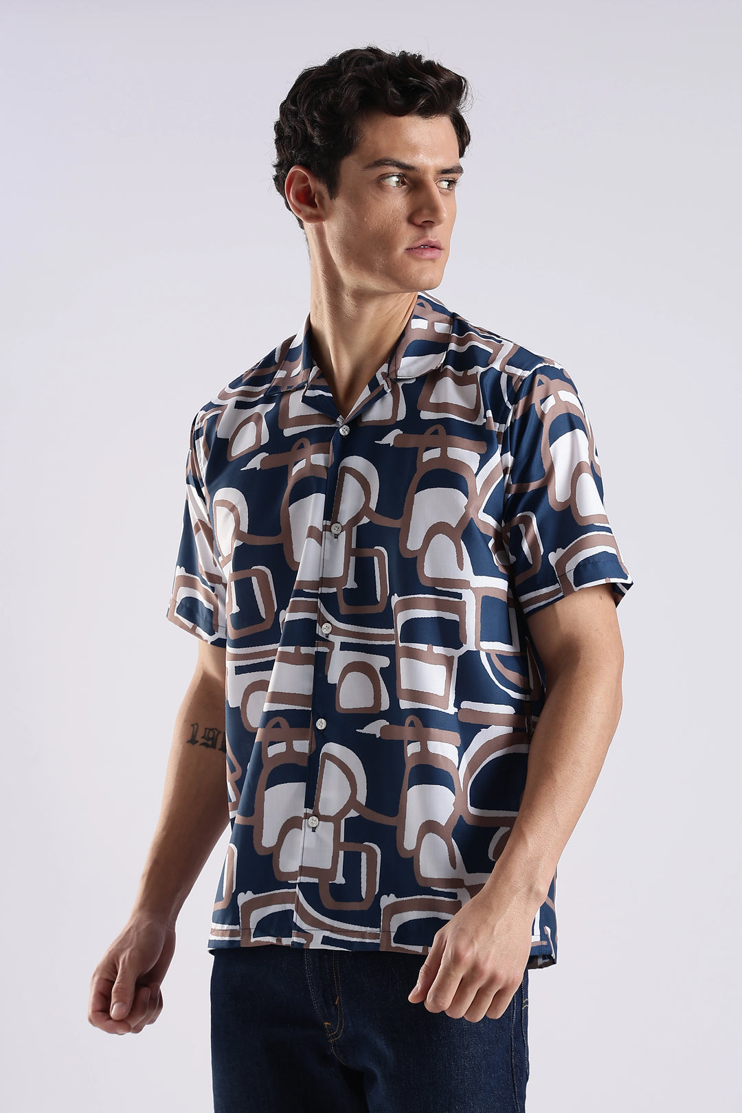 Navy Geometric printed half sleeve shirt